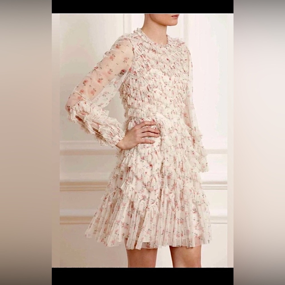 Needle & Thread Bijou Rose Motifs Mini Dress Ruffle Ditsy Floral Dusty Pink Sz 8